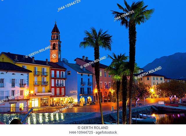 Ascona, Switzerland, Europe, canton, Ticino, Lago Maggiore, houses, homes, harbour, port, boats, church, bank promenade, dusk, evening, lighting, palms