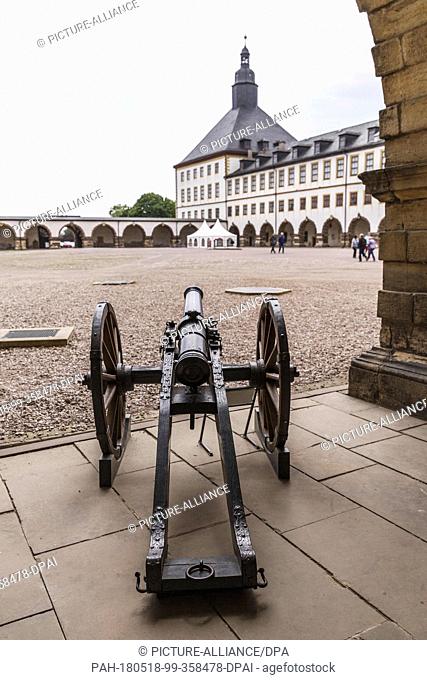 17 May 2018, Germany, Gotha: An alarm cannon is next to the entrance to the ducal staircase inside Friedenstein Palace. Friedenstein Palace is one of the best...