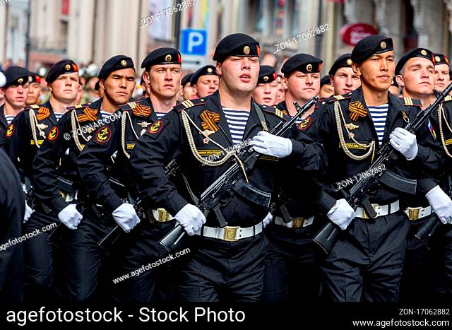 Russia, Vladivostok, 05/09/2018. Armed marines in dress uniform with machine guns on parade on annual Victory Day on May 9