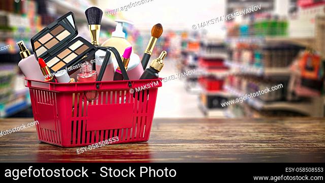 Cosmetics in shopping basket on shelf in shop. Beauty and make up products sale and purchasing online concept. 3d illustration