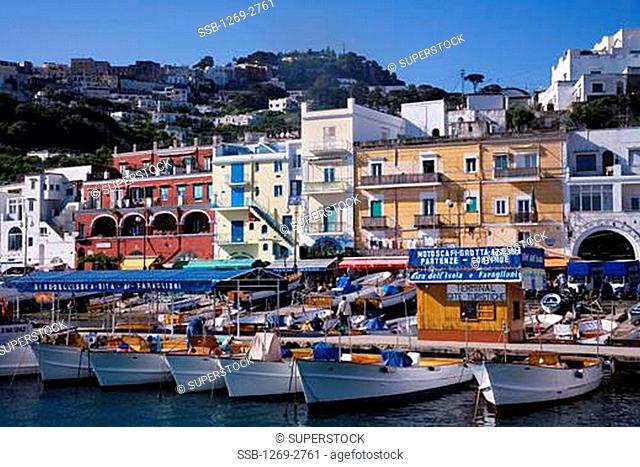 Boats moored at a harbor, Capri, Bay of Naples, Naples Province, Campania, Italy