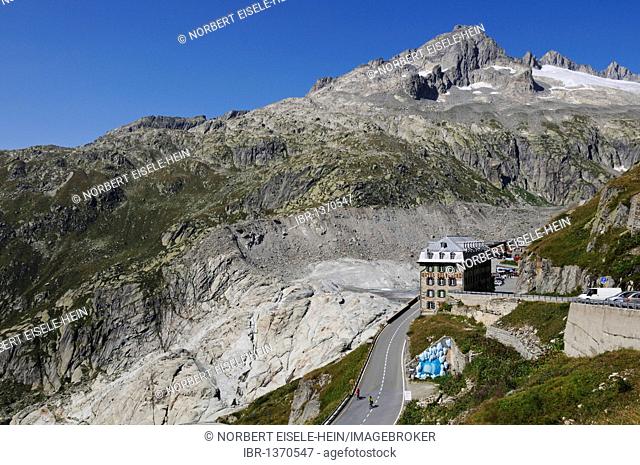 Cyclists on the Rhone Glacier, Hotel Belvedere, Dammastock, Furka Pass, Uri, Switzerland, Europe