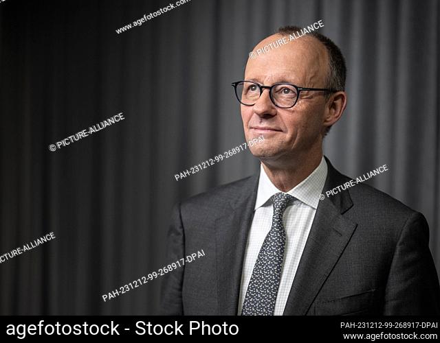 12 December 2023, Berlin: Friedrich Merz, CDU federal chairman and chairman of the CDU/CSU parliamentary group, after an interview with Deutsche Presse-Agentur...