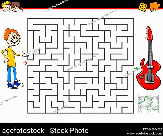 Cartoon Illustration of Education Maze or Labyrinth Activity Game for Children with Boy and Electric Guitar Musical Instrument