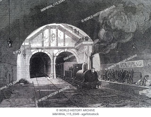 Engraving depicting a train coming out of the Thames Tunnel at Wapping. Marc Isambard Brunel's tunnel was constructed between 1825 and 1843