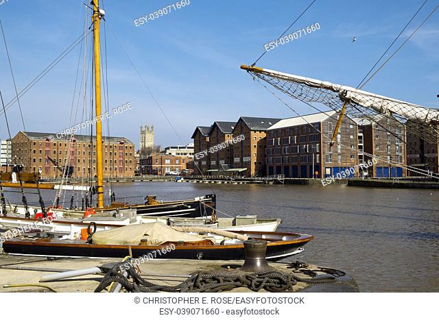 Spring sunshine on the industrial heritage travel destination of Gloucester Docks, Gloucester, UK