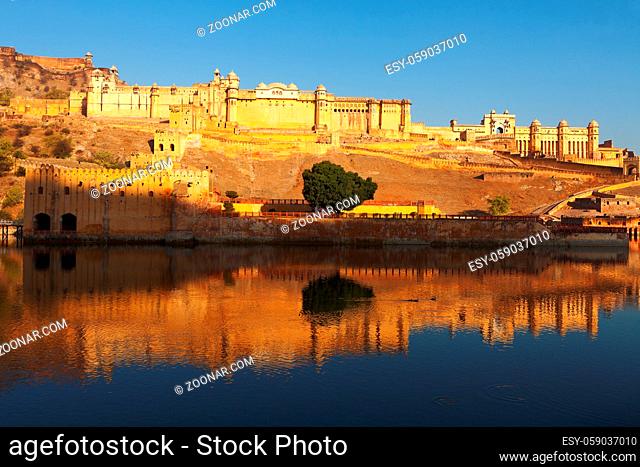 Amber fort and reflections on water in Jaipur, India