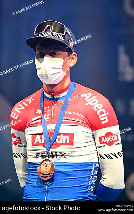 Dutch Mathieu van der Poel of Alpecin-Fenix pictured on the podium after the 'E3 Saxo Bank Classic' cycling race, 203, 9km from and to Harelbeke