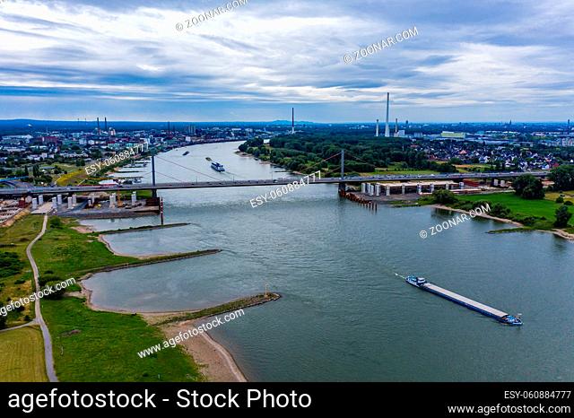 Panoramic view of the A1 motorway bridge on the Rhine near Leverkusen. Drone photography