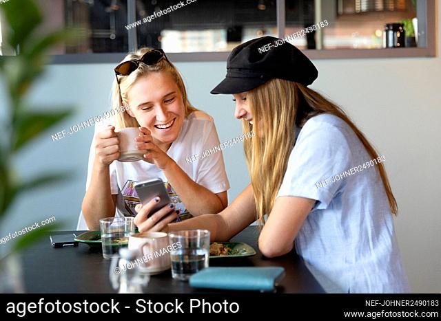 Female friends looking at cell phone in cafe