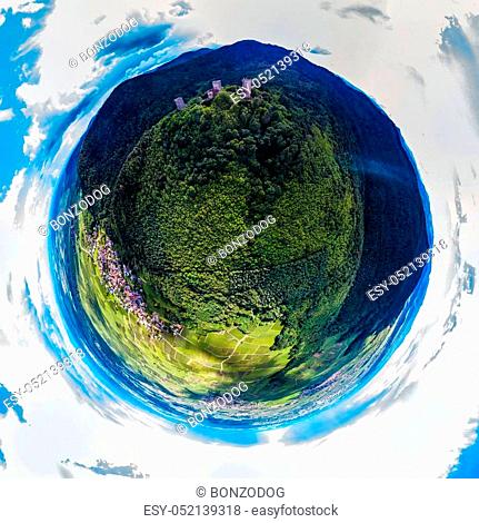 Spherical little planet view of Three Castles near Colmar, Alsace, France
