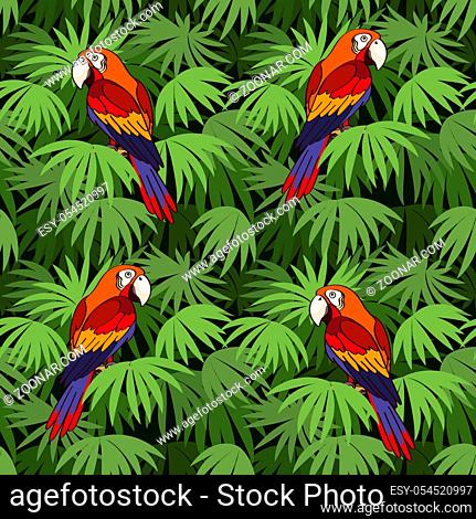 Seamless Pattern, Tropical Landscape, Colorful Parrots on Green Leaves Exotic Plants, Tile Background