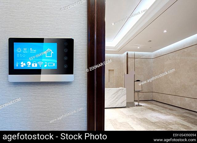 smart screen on smart home icons in modern reception desk of office building