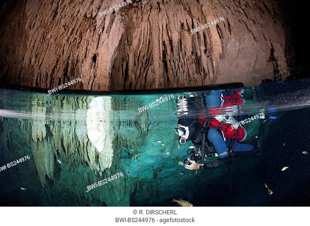 , scuba diver in the Bat Cave Cenote, Mexico, Yucatan, Playa Del Carmen