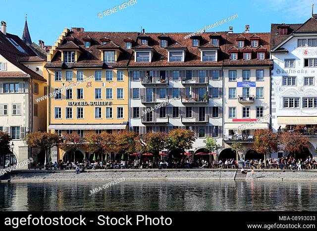Switzerland, Lucerne, old town, cityscape with hotel on Lake Lucerne
