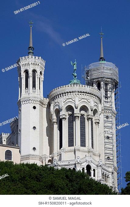 The Basilique Notre-Dame de Fourviere sits high atop the Fourviere Hill in Lyon, France. Designed by Pierre Bossan and built between 1872 and 1876