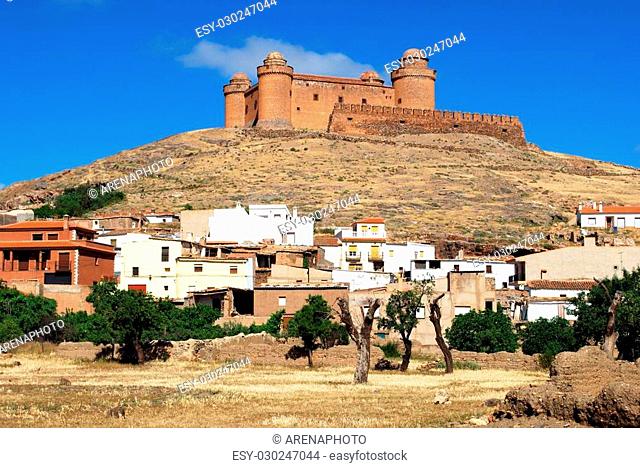 View of the castle (Castillo de La Calahorra) above the white town, La Calahorra, Granada Province, Costa Almeria, Andalusia, Spain, Western Europe