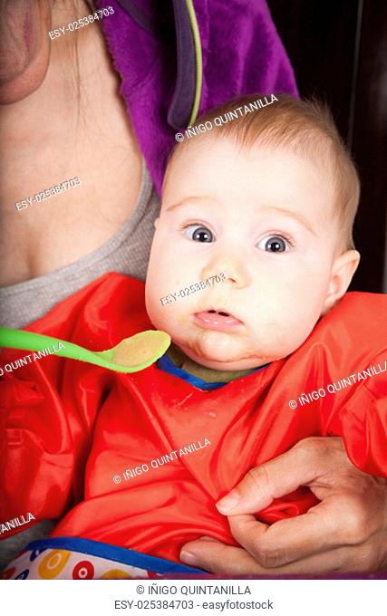 six months age blonde caucasian baby red bib in woman mother purple velvet jacket arms eating puree with green plastic spoon