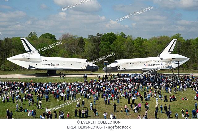 Space shuttles Enterprise(left) and Discovery nose-to-nose. Discovery will go to the National Air and Space Museum and Enterprise to the Intrepid Sea