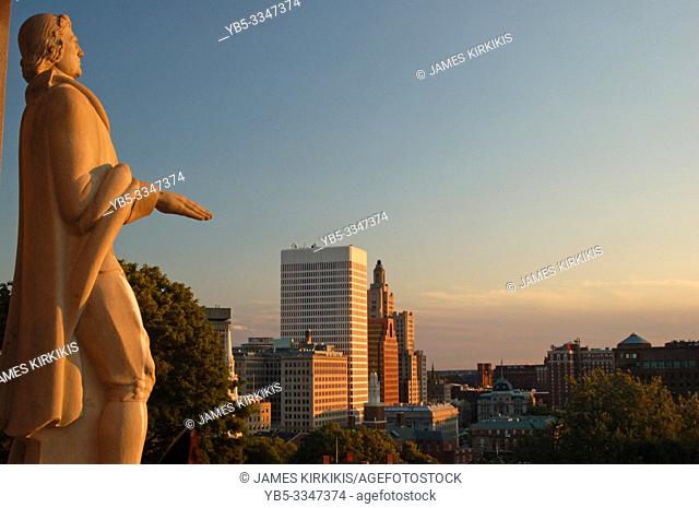 A statue of Roger Smith looks over the skyline of Providence, Rhode Island, the city he founded
