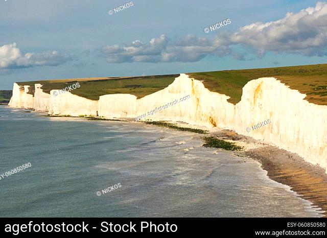 The Seven Sisters white chalk cliffs near Eastbourne in East Sussex, England. Viewed from Birling Gap