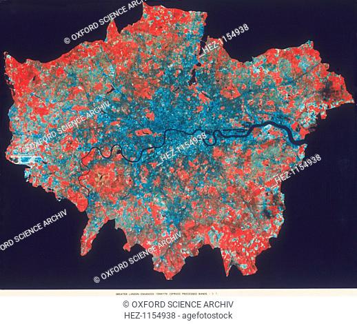 Composite Landsat false colour image of Greater London, 1979. This image was processed by the Space Department at the Royal Aircraft Establishment, Farnborough