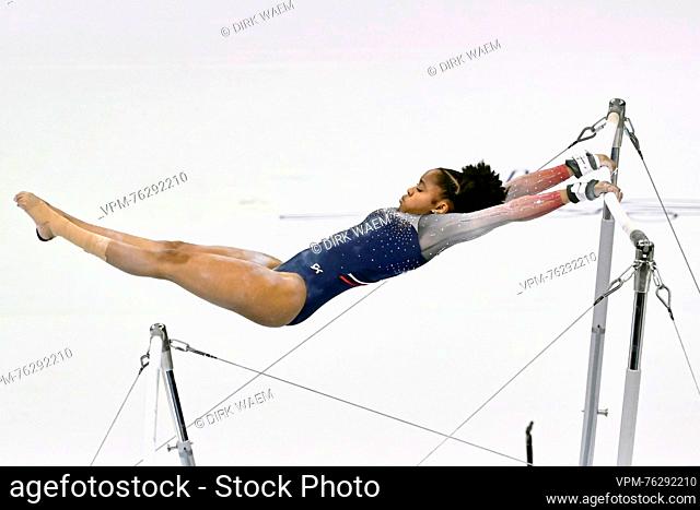 US Skye Blakely pictured in action at the uneven bars during the women's team final at the Artistic Gymnastics World Championships, in Antwerp