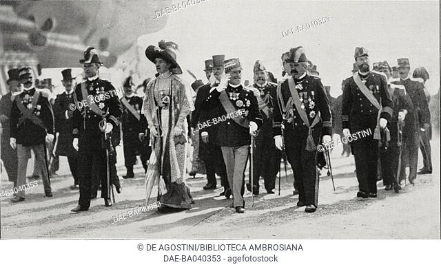 Vittorio Emanuele III and Queen Elena at the launch of the Andrea Doria battleship, La Spezia, March 30, 1913, Italy, photograph by L Comerio