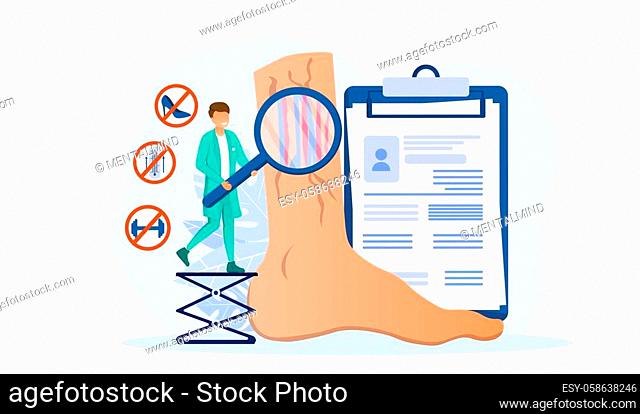 Vein thrombosis and varicose treatment abstract concept. Doctor character stand on ladder with magnifier looking at foot with diseased veins