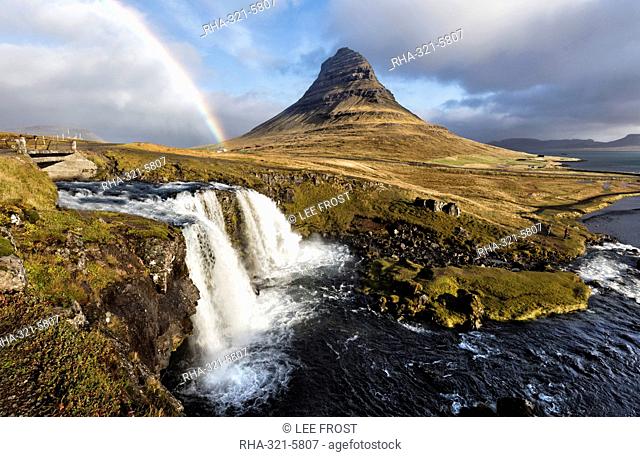 View of Kirkjufell (Church Mountain), mountain stream and rainbow, Grundafjordur, Snaefellsnes Peninsula, Iceland, Polar Regions