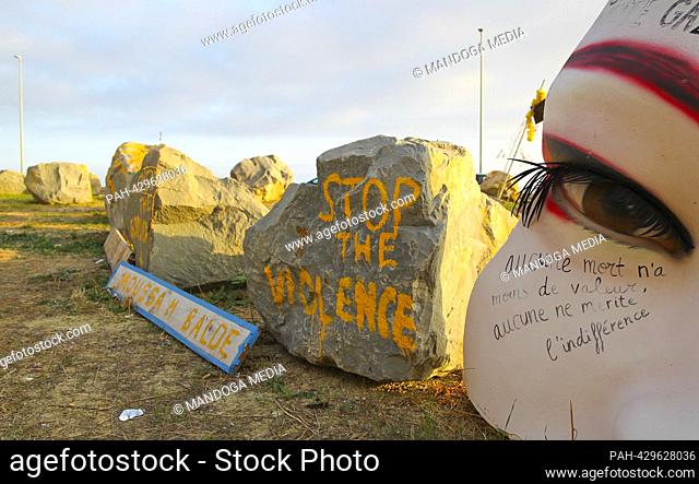 Menton, France - October 09, 2023: Memorial Stones for Refugees / Pierres Commémoratives pour les Réfugiés at the French-Italian Border / Douane / French Alps