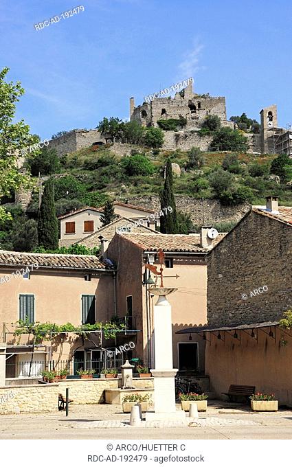 Memorial and castle ruin, Entrechaux, Vaucluse, Provence-Alpes-Cote d'Azur, Southern France