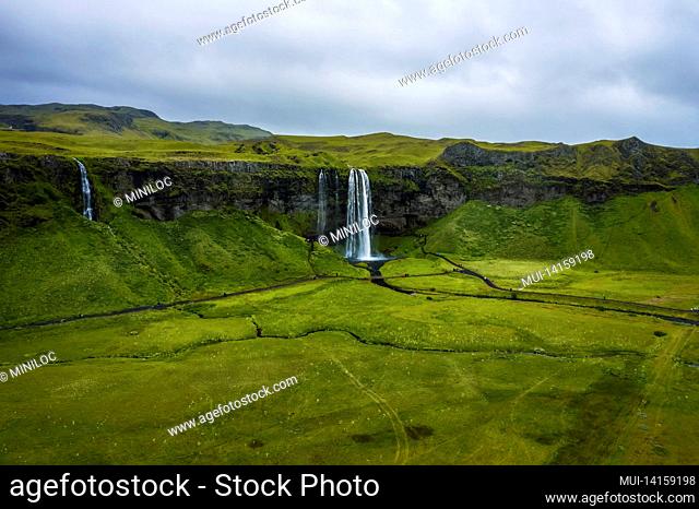 aerial photo of most visited seljalandsfoss waterfall, iceland
