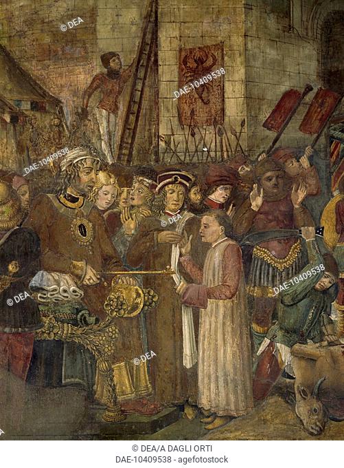 Siege of Totila, 1461-1466, by Benedetto Bonfigli (1420-1496), fresco, Priors Chapel, Priors Palace, Perugia, Umbria. Detail. Italy, 15th century