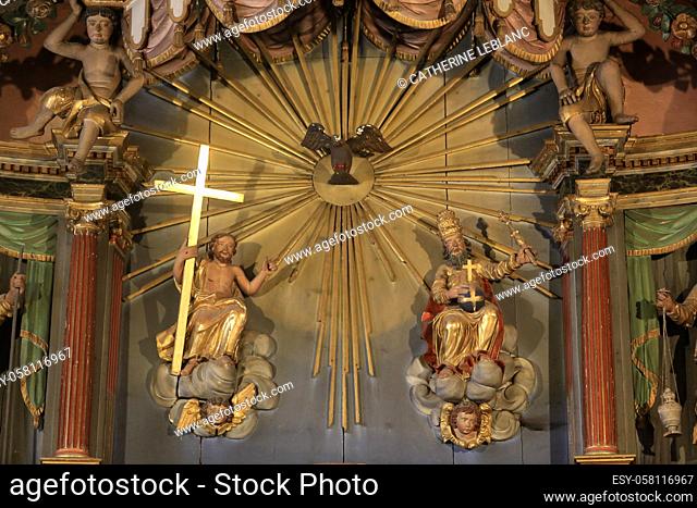 Jesus Christ and God. Baroque altarpiece. Church of Saint-Gervais and Saint-Protais. Saint-Gervais-les-Bains. Haute-Savoie. Auvergne Rhône-Alpes