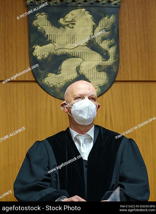22 April 2021, Hessen, Frankfurt/Main: Presiding Judge Volker Kaiser-Klan is about to begin what is now the third trial for the killing of the owners of an...