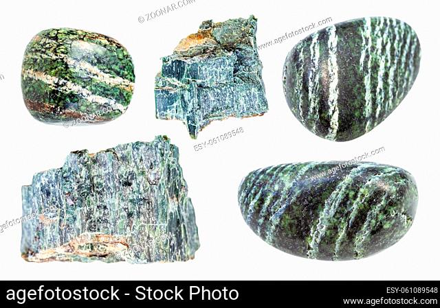 set of various Chrysotile rocks isolated on white background