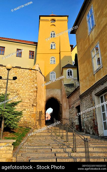 Czech town of Zatec (on the photo of October 1st, 2020, Libocany Gate in town centre of Zatec), landscape of Zatec hops are part of World Cultural and Natural...