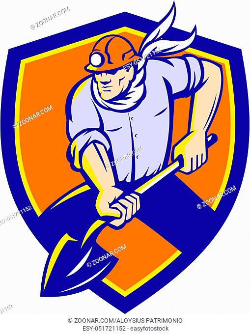 Illustration of a coal miner wearing hardhat holding shovel digging viewed from front set inside shield crest on isolated backgorund done in retro style