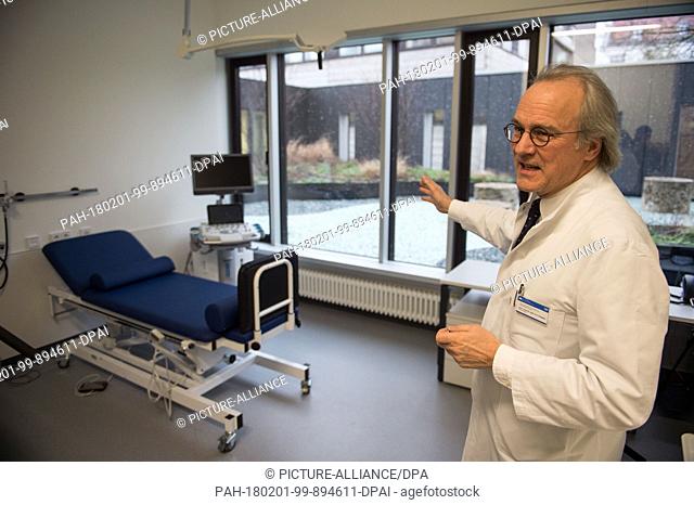 Hans-Henning Eckstein, director of the vascular surgery clinic, shows a sonographic research room during the inaugural press conference at the clinic right of...