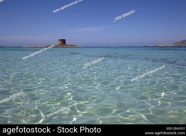 The sea in Stintino with La Pelosa tower, Sardinia, Italy