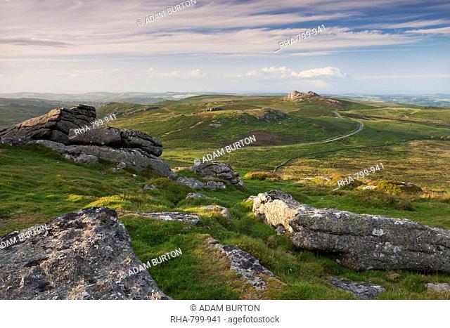 View towards Haytor and Saddle Tor from Rippon Tor, Dartmoor, Devon, England, United Kingdom, Europe