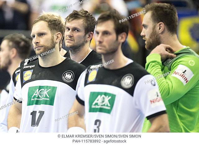 From left to right: Steffen WEINHOLD (GER), Fabian BOEHM (Böhm, GER), Uwe GENSHEIMER (GER), goalie Andreas WOLFF (GER) are disappointed, disappointed