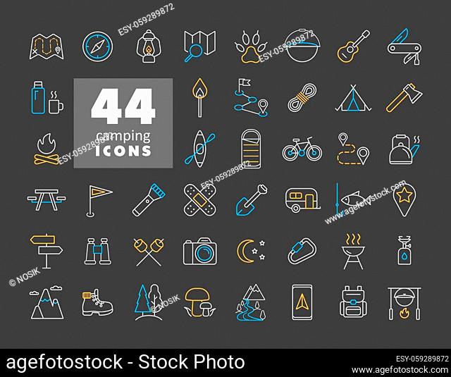 Camping, Hiking, Nature and Outdoor Activities icons set on dark background. Graph symbol for travel and tourism web site and apps design, app, UI