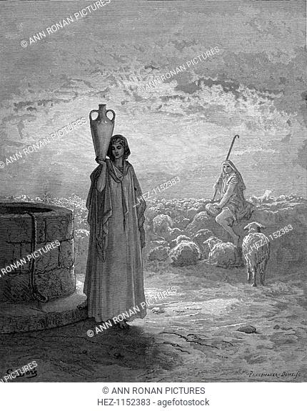 Jacob, keeping Laban's flocks, sees Rachel at the well. From the Bible (Genesis 29)