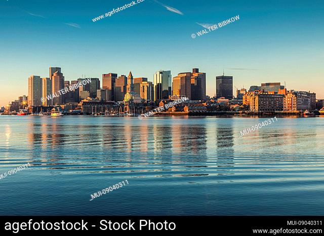USA, New England, Massachusetts, Boston, city skyline from Boston Harbor, dawn