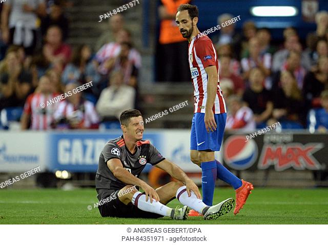 Munich's Robert Lewandowski (l) sitting on the ground next to Madrid's Diego Godin (r) during the Champions League Group D soccer match between Atletico Madrid...