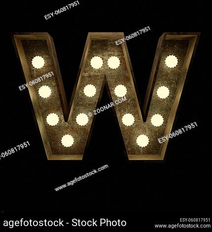 Metal letter W with small lamps on a dark background, 3d rendering