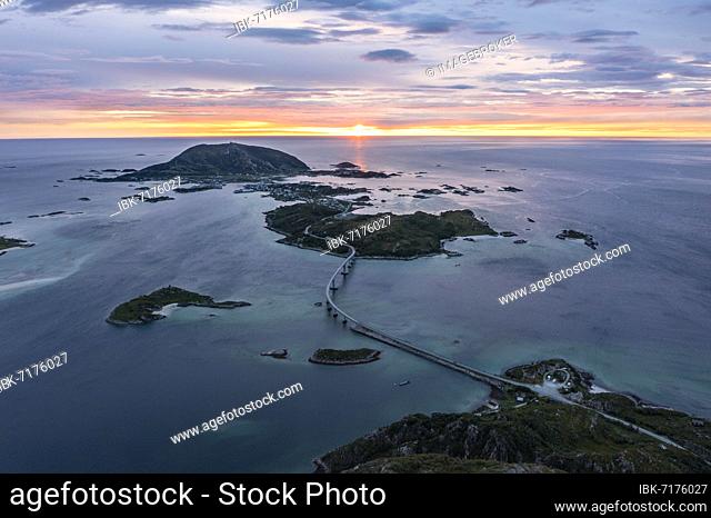 View of Sommarøy Island, bridge connecting islands, aerial view at sunset, Kvaløya, Troms og Finnmark, Norway, Europe