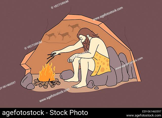 Caveman sitting in cave near bonfire warming. Male prehistoric person making fire during ancient ages. Vector illustration